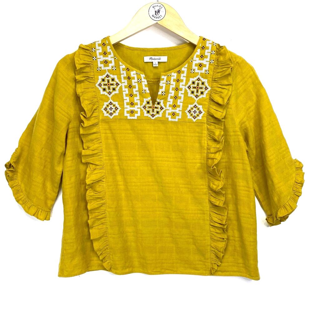 Madewell Embroidered Cassia Ruffle Top Womens Sz S Yellow Boho Summer 3/4 Sleeve